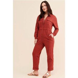 Free People Set The Tone Burnt Red Eyelet Long Sleeve Pants Jumpsuit‎ Size 6